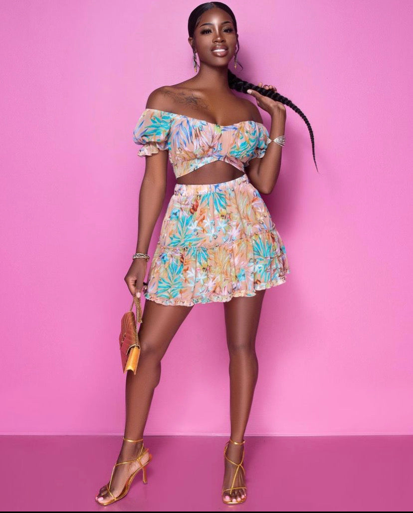 Aisha Blush Floral Print Ruffle Skirt sets