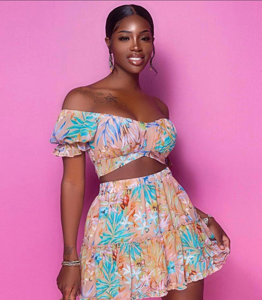 Aisha Blush Floral Print Ruffle Skirt sets